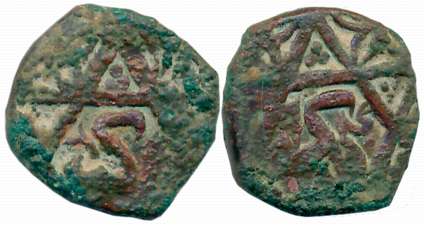 Akbar, Copper 1/8 Dam, 2.33g, “Sindh” type, Bakkar Mint, Obv: Name of Akbar, Rev: Mint nam