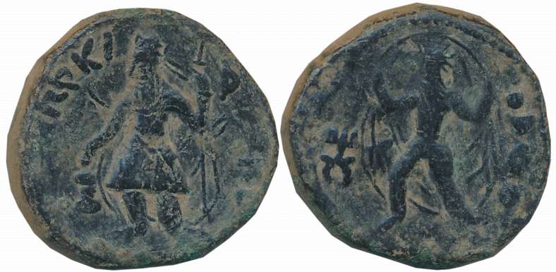 Kushan, Kanishka, Copper, 16.93g, “Oado” type, Obv: King stand facing, head to left with l