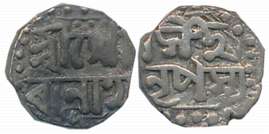 Gaurinatha Simha, Silver 1/16 Rupee, 0.66g, Assamese legend on both sides within dotted bo