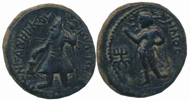 Kushan, Kanishka, Copper, 8.24g, “Helios” type, Obv: King stand facing, head to left with 