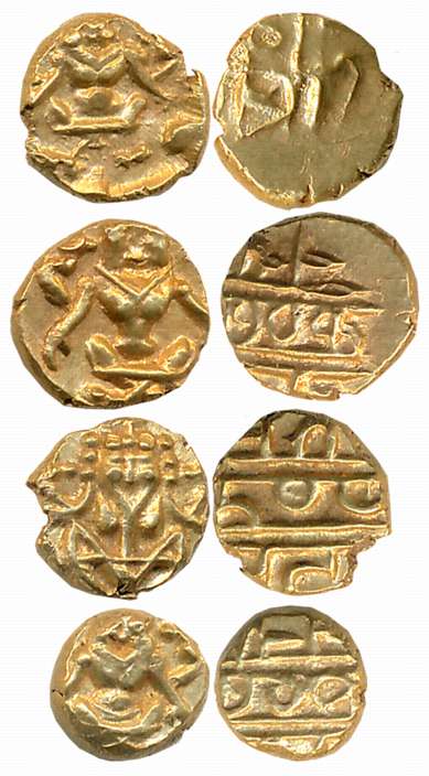 Gold Narsimha Fanams (4), Obv: Lord Narsimha, Rev: Legend (KM# C# 212). Very fine to very 