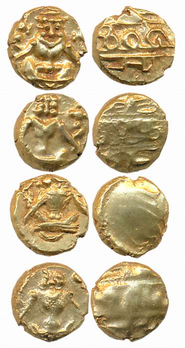 Gold Narsimha Fanams (4), Obv: Lord Narsimha, Rev: Legend (KM# C# 212). Very fine to very 