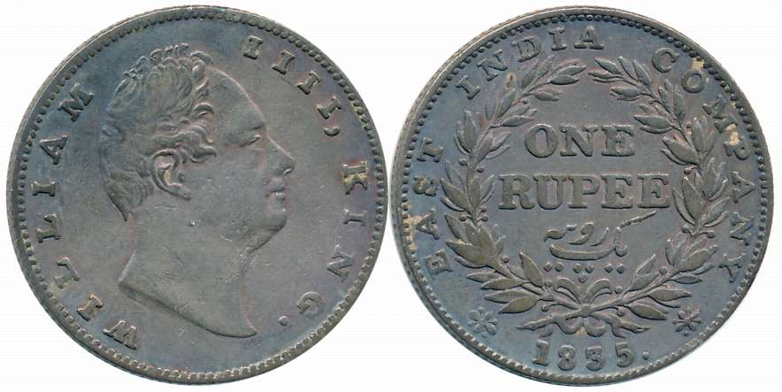 William IIII, Silver Rupee, 1835, Obv: Crowned bust to right, Rev: Denomination within wre