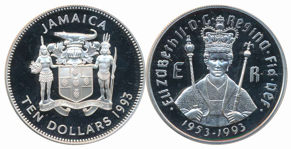 Jamaica, Queen Elizabeth II, Silver 10 Dollars Proof, 22.45g, 1993, Royal Mint, “40th Anni