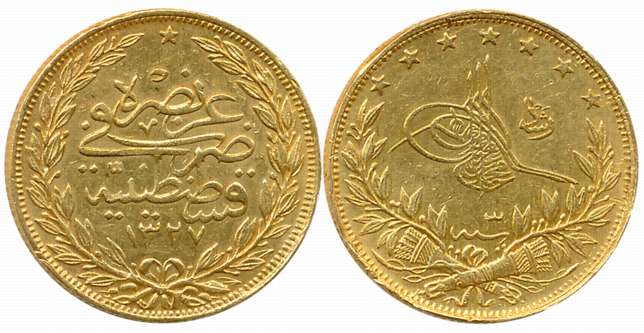 Turkey, Muhammad V, Gold 100 Qurush, 7.20g, AH 1327/ RY 3, Qustantiniyah Mint, Obv: Toughr