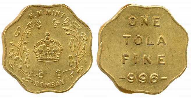 Gold 1 Tola, 11.64g, H M Mint Bombay, Obv: Crown within wreath and Bombay below, Rev: 1 To