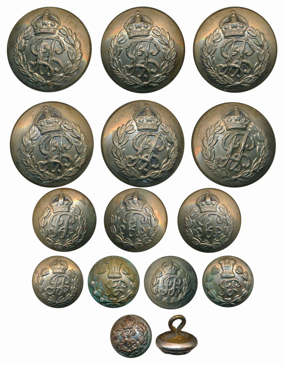 British Era Coat Button (15), With monogram. Very fine to very fine+. 15 Buttons.