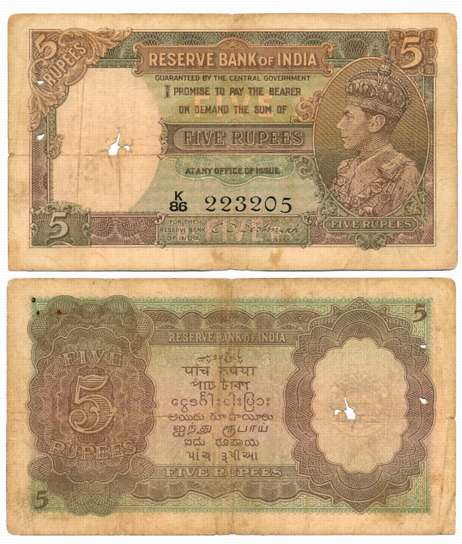 George VI, Rupees 5, 1st issue, Type 4.3, Signed C. D. Deshmukh, Prefix K/86 (R IPM# 4.3.2