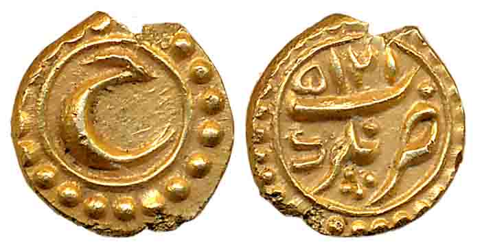 Tipu Sultan, Gold Fanam, 0.38g, Nagar Mint, AH 1215 (retro), Persian letter “He” (KM# 108)