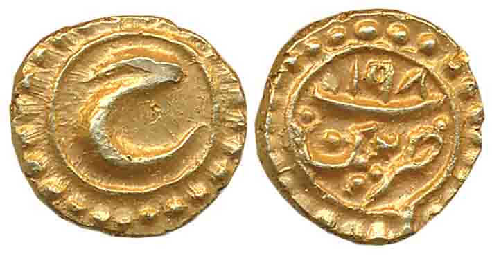 Tipu Sultan, Gold Fanam, 0.39g, Patan Mint, AH 1198, Persian letter “He” (KM# 128.1). Unci