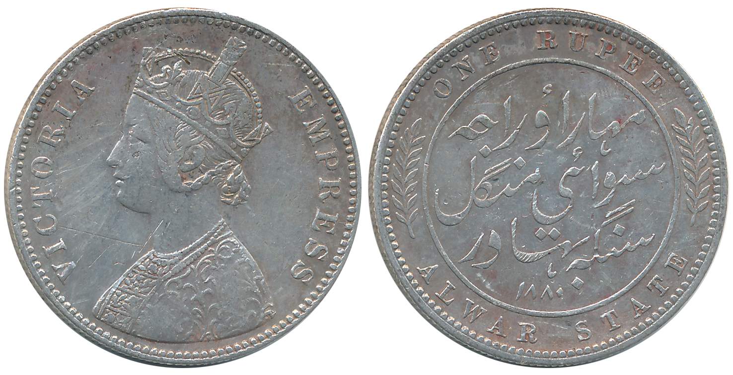 Mangal Singh, Silver Rupee, AD 1880, with the name of Victoria Empress, Obv: Crowned bust 