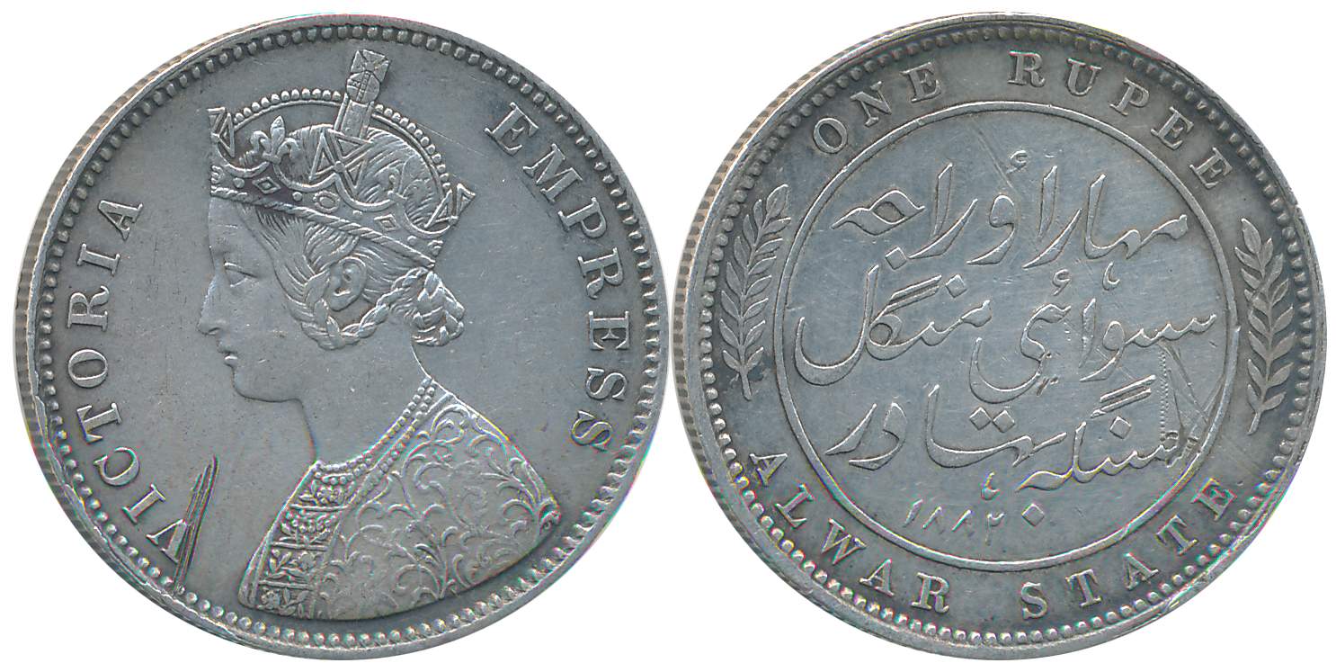 Mangal Singh, Silver Rupee, 1882, with the name of Victoria Empress, Obv: Crowned bust to 