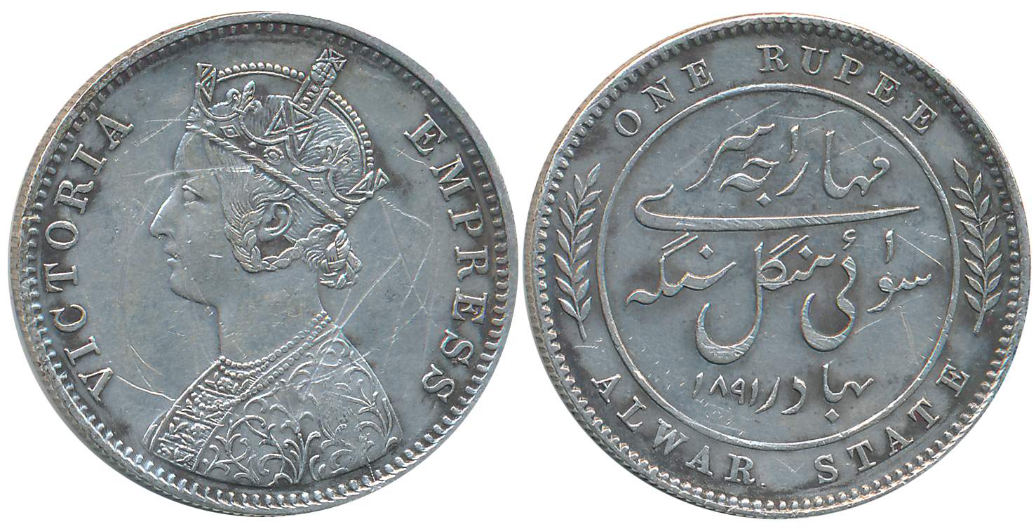 Mangal Singh, Silver Rupee, AD 1891, with the name of Victoria Empress, Obv: Crowned bust 