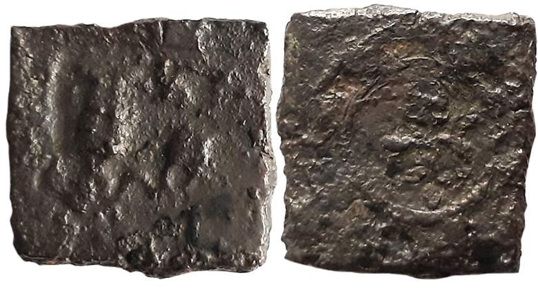 Pre Satavahanas, Copper, 2.00g, Obv: River Goddess standing with pair of Fish, Swastika be