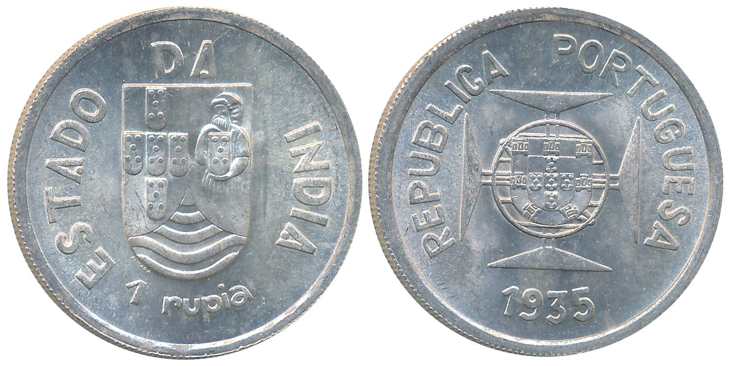 Silver Rupia, 1935, Obv: Shileld on lined circle at centre of Maltese cross, Rev: Divided 