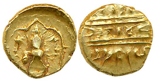 Gold 1/2 Pagoda, 1.72g, Pulicat, Obv: Lord Venkateshwara, standing within a decorated fram