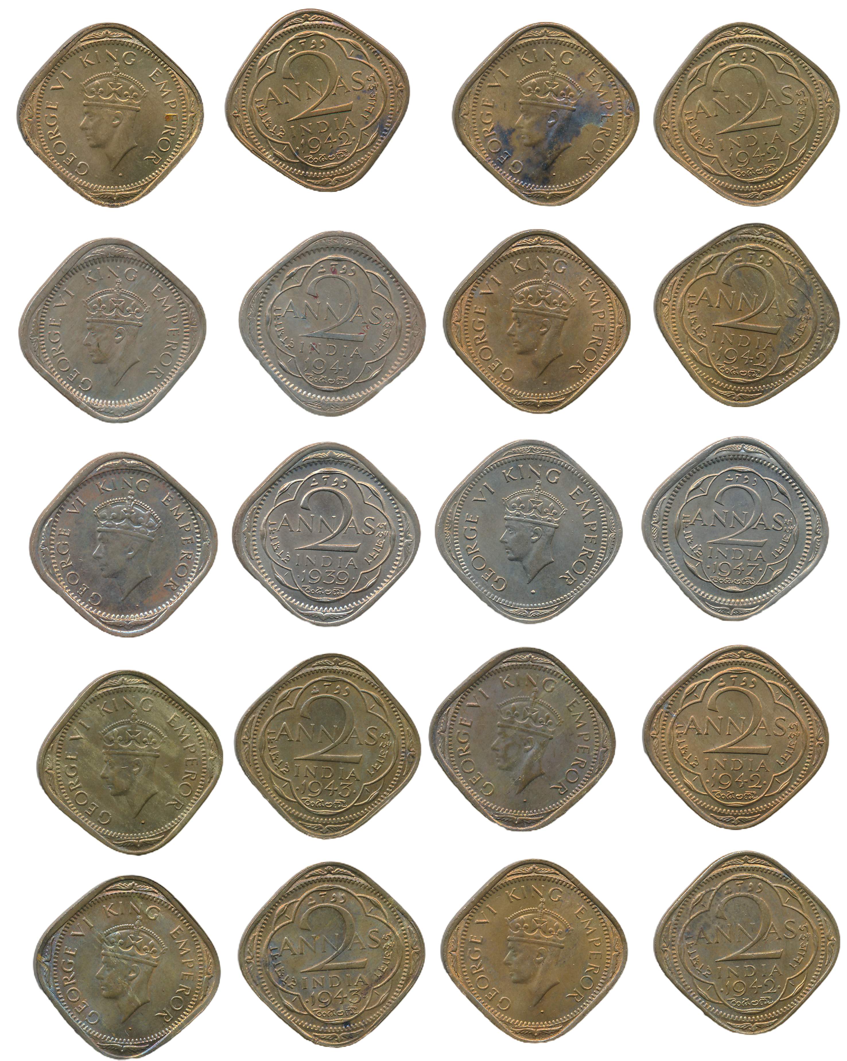 George VI, Copper Nickel 2 Anna (10), 1939, (1), 1941 (1), 1942 (5), 1943 (2) & 1947 (1), 