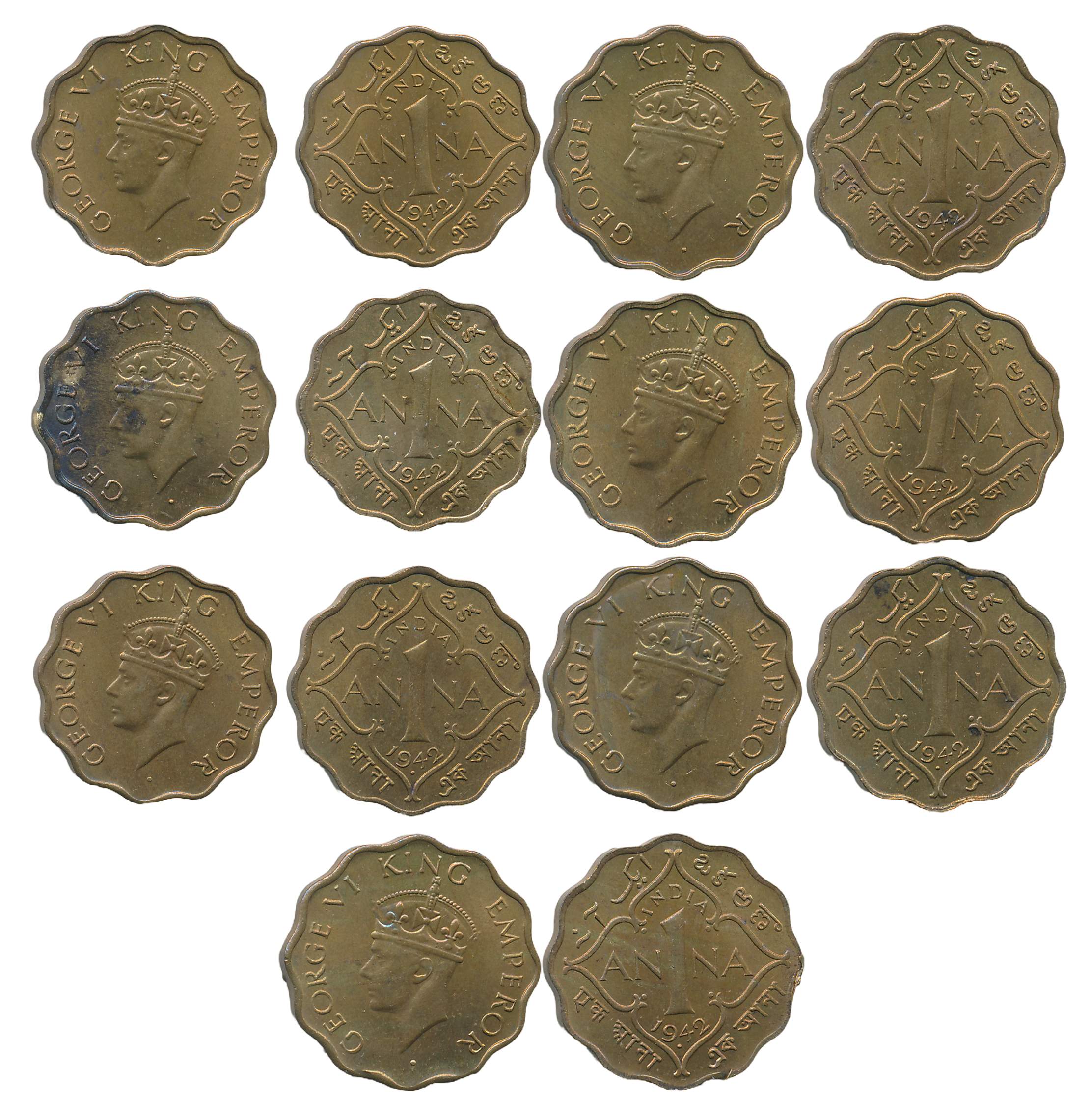 George VI, Nickel Brass 1 Anna (7), 1942, Obv: King George VI, Rev: Value & date. Uncircul