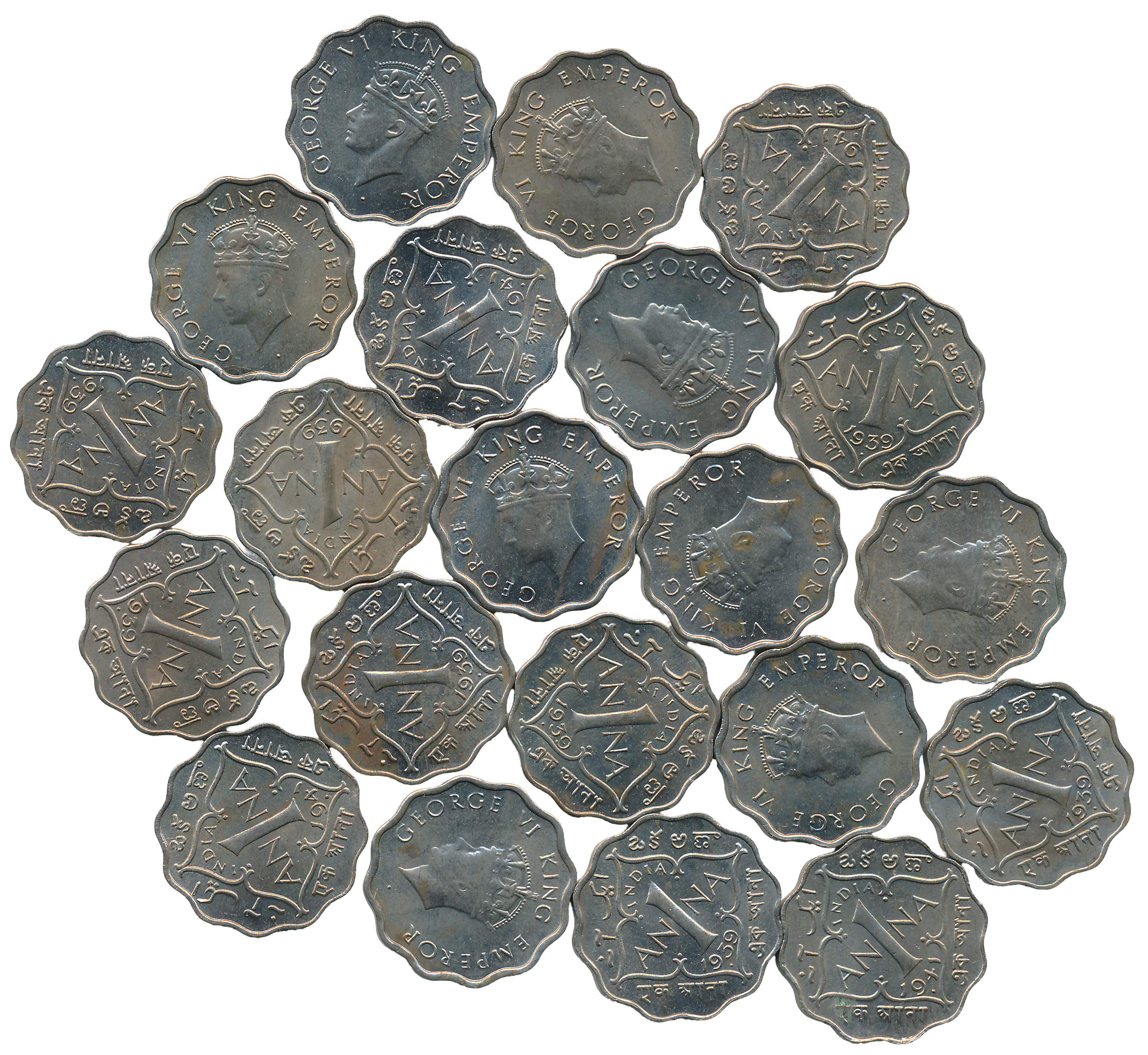 George VI, Copper Nickel 1 Anna (21), 1939 (15) & 1941 (6), Obv: King George VI, Rev: Valu