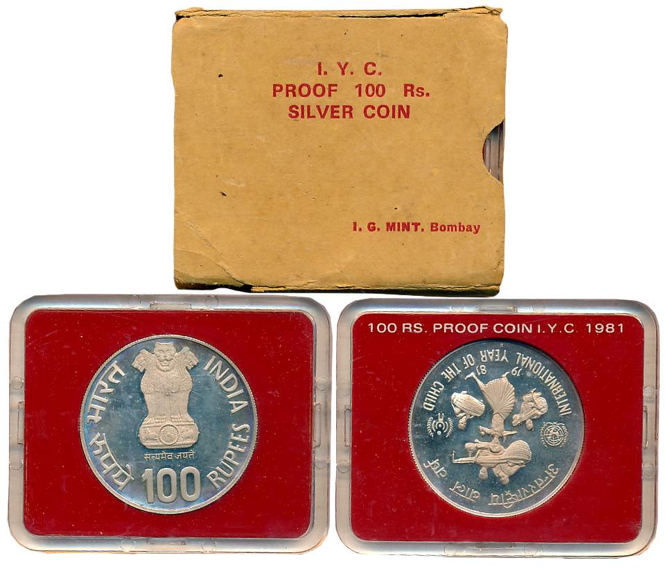 1981, Proof, Rupees 100, “International Year of Child”, Bombay Mint (RB# 89). In acrylic c