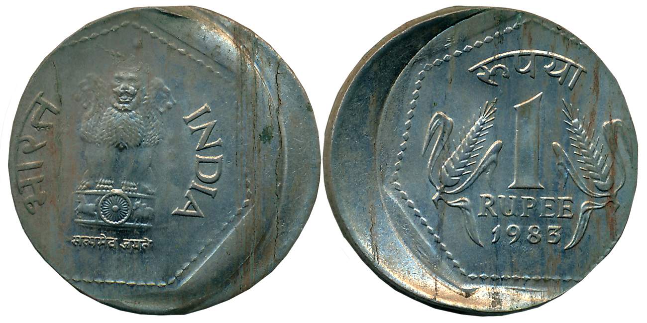 1983, Aluminium, 1 Rupee, Error- Extra Metal, Obv: Ashoka Pedestal, Rev: Value & Year (S. 