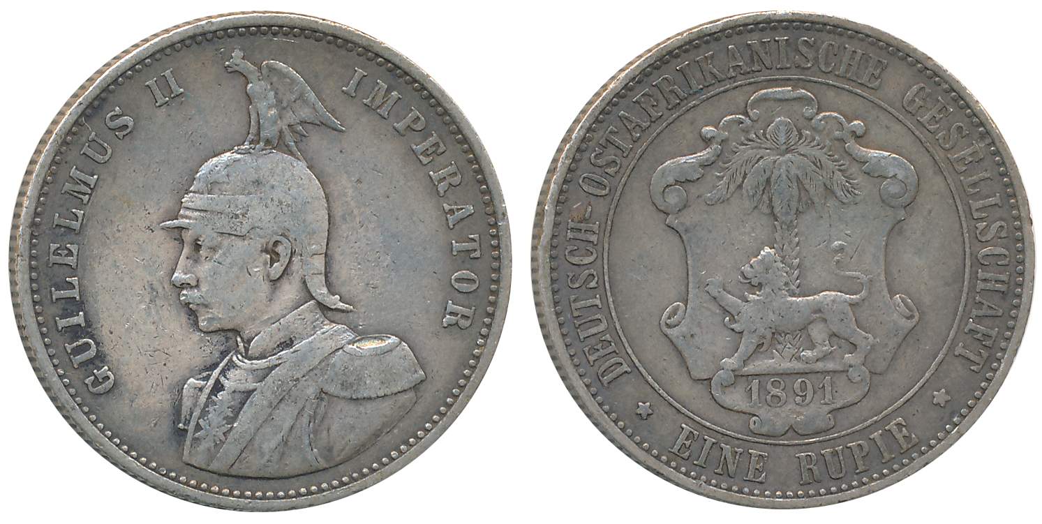 German East Africa, Guilelmus II, Silver Rupee, 1891, Obv: Armored bust to left, Rev: Shie