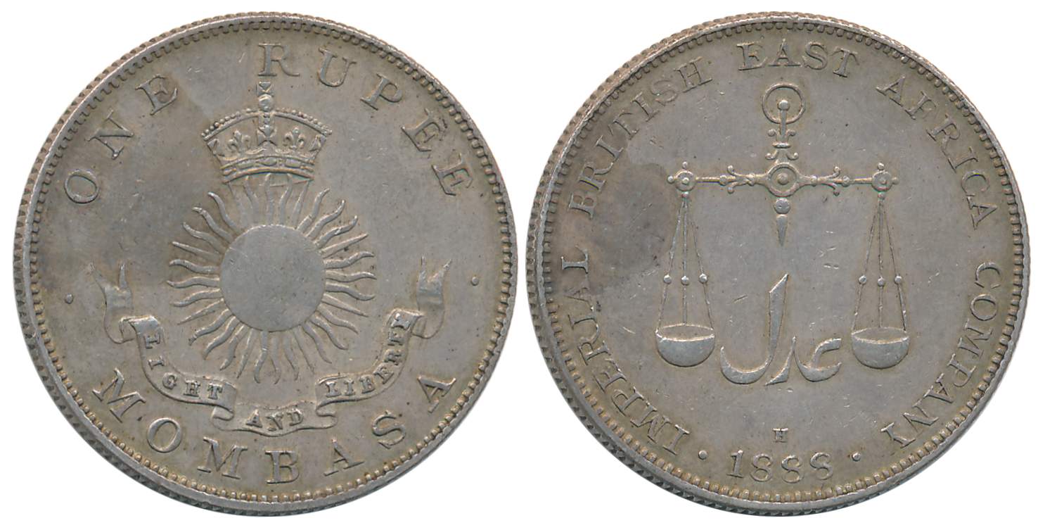 Mombasa, Silver Rupee, 1888H, Birmingham Mint, Obv: Scales above date, Rev: Crown above ra