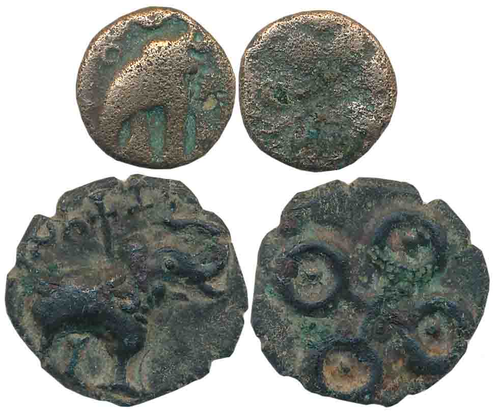 Satavahanas (2), Copper, 4.61g, Obv: Elephant facing right, Rev: Tree in the railing & Gau