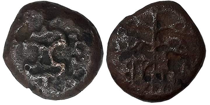 Western Kshatrapas, Kshaharata house, Nahapana, Copper, 3.18g, Obv: Thunderbolt, traces of
