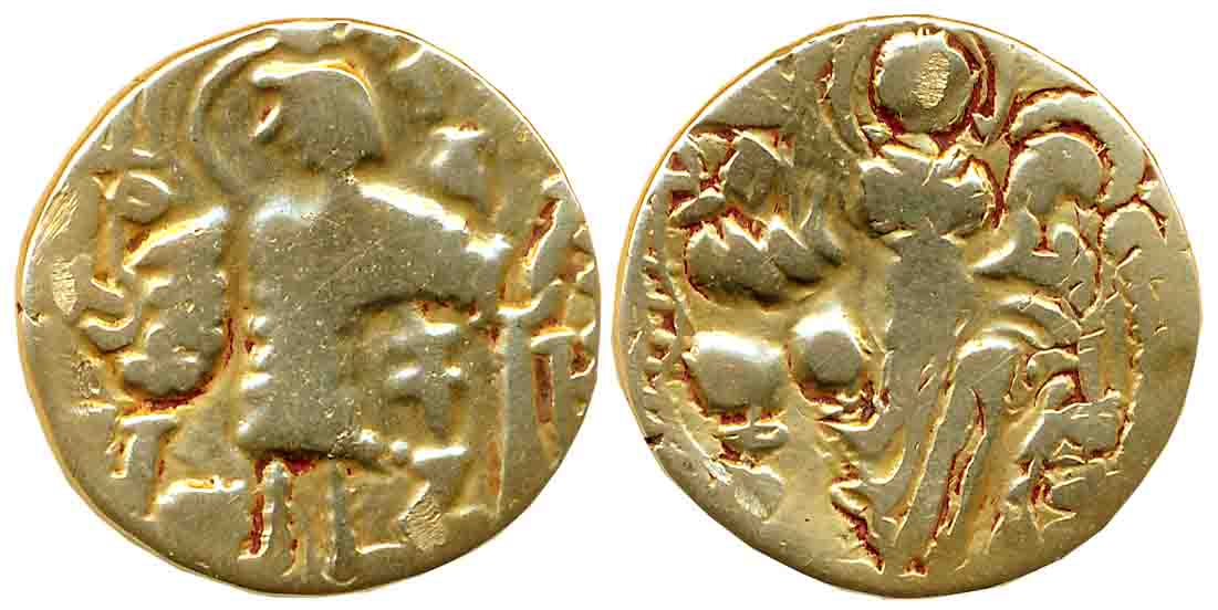 Kidara Kushanas, Debase Gold Dinar, 7.63g, Obv: Nimbate king standing facing to left, offe