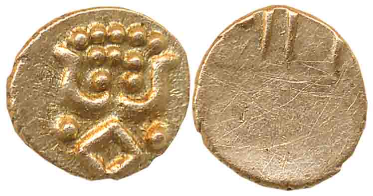 Venad, Kaliyanpanan, Gold Fanam, 0.35g, The lines and dots on the Kalipanam are fancifully