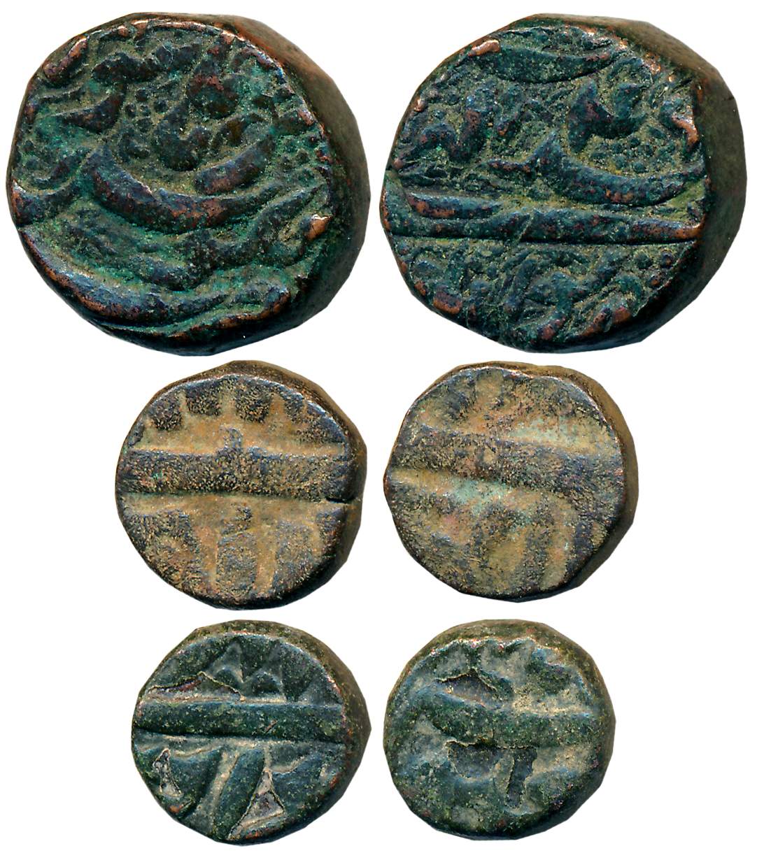 Akbar, Copper (3), Dam (1) & 1/4 Dam (2), 20.58g, 5.19g, 4.80g, Burhanpur Mint. Fine to ve