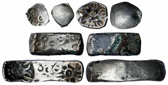 Punch-marked coins, Gandhara Janapada, Silver (4), Bent Bar, 11.32 and 9.79 g, the first i