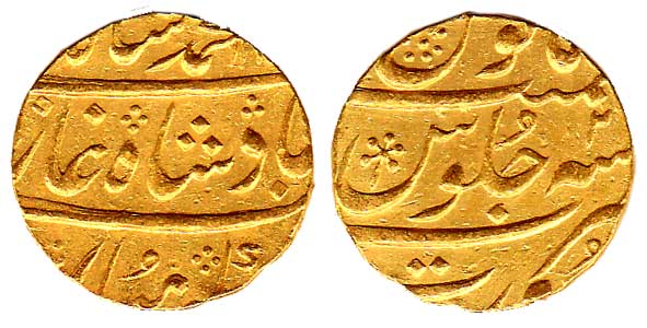 Muhammad Shah, Gold, Mohur, Surat Mint, RY 2. Extremely Fine, Scarce.
