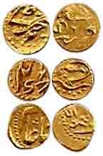 Kharpa Mint, Gold (3), Fanam, Farrukhsiyar, RY 7; Shah Alam I; and Muhammad Shah, RY 4. Ab