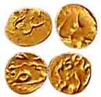 Ganjikot Mint, Gold (2), Fanam, Shah Alam I, and Muhammad Shah, RY 4. About Extremely Fine