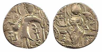 Kidar Kushanas, Base Gold, kidar written below the left elbow of the ruler on obv, and God