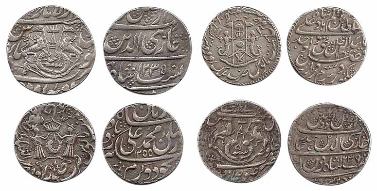 Silver (4), Rupee, Ghazi ud din Haider (2), Muhammad Ali and Wajid Ali Shah. Very Fine, Sc