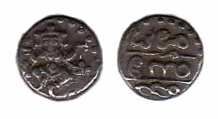 Silver, 1/3 Rupee Pavli, Anonymous, dancing figure of Chamunda on obv, Mysore Mint, ND. Ve