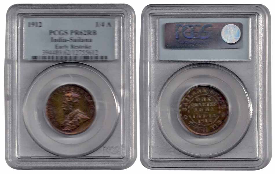 Copper, ¼ Anna, with the name and bust of George V, 1912, Early Restrike. In the PCGS Hold