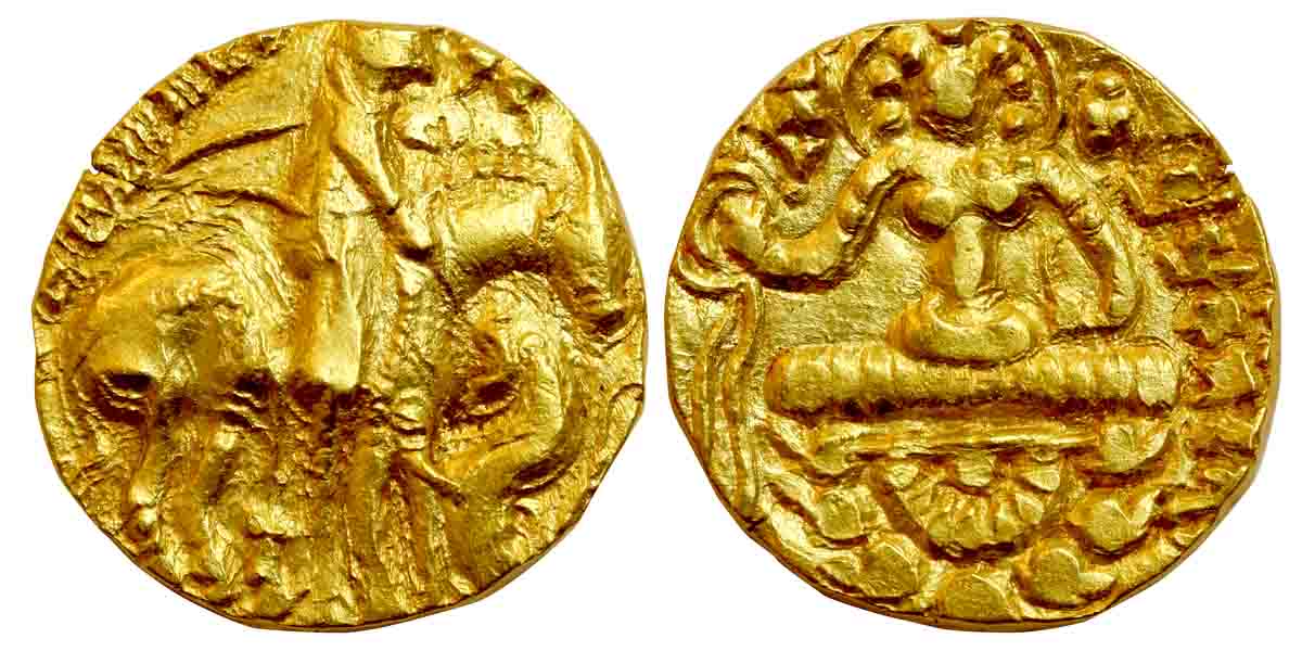 Guptas, Prakashaditya, Gold, 9.39 g, heavy Dinar, Horse-rider Lion-Slayer type, seated Lak