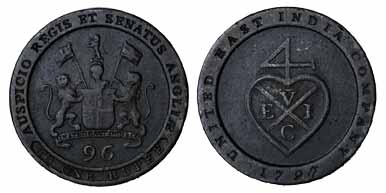 Copper, 1/96 Rupee, United East India Co., 1797. Very Fine+ for the type, Rare.