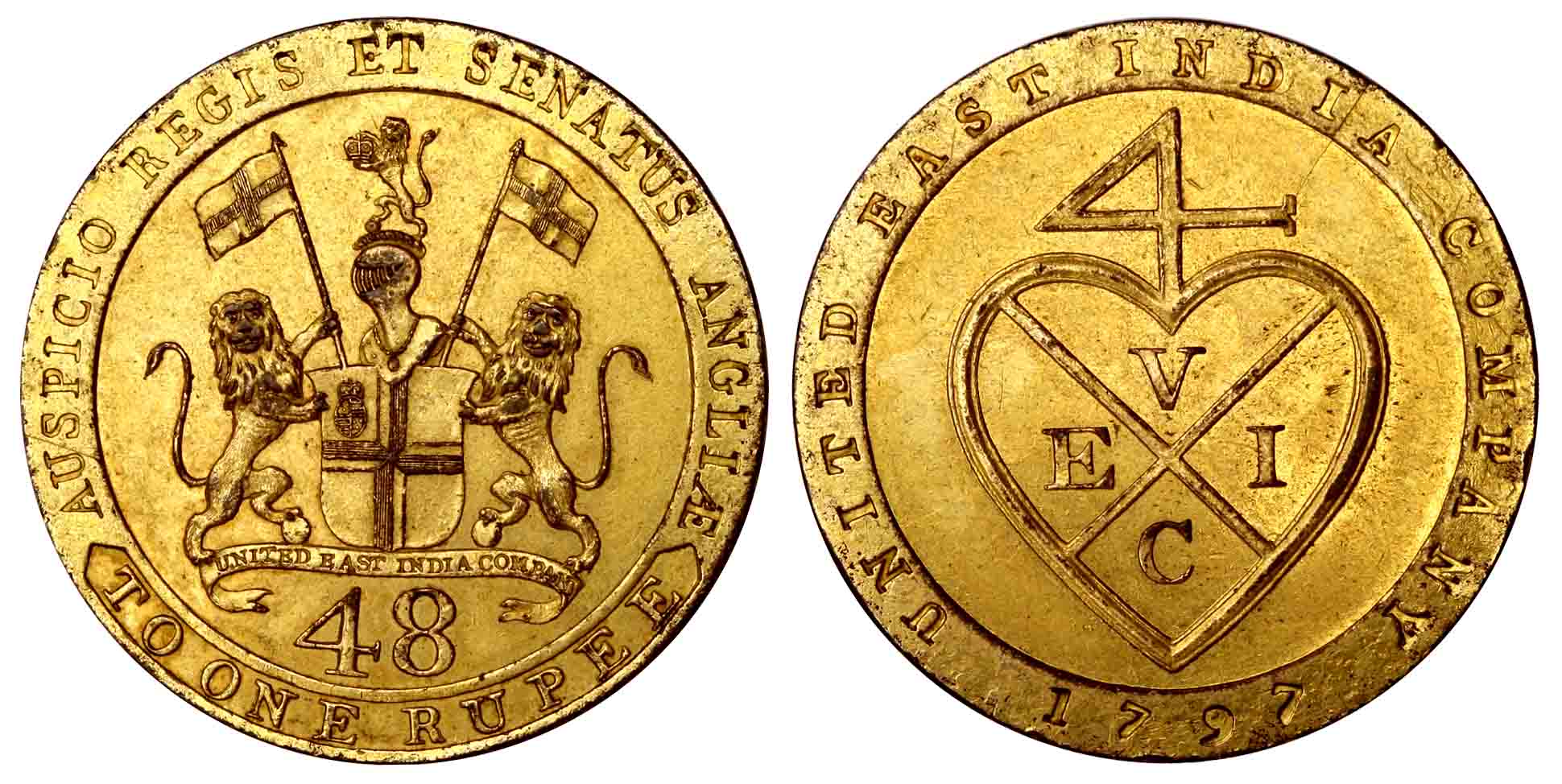 Gold Gilt, 12.96 g, Copper, 1/48 Rupee, United East India Co., 1797 (KM 323). About Very F