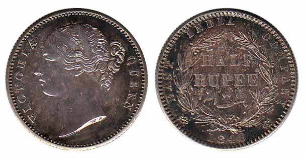 Victoria Queen, Silver, ½ Rupee, 1949, Divided Legend type, ww incused. Proof, Extremely R