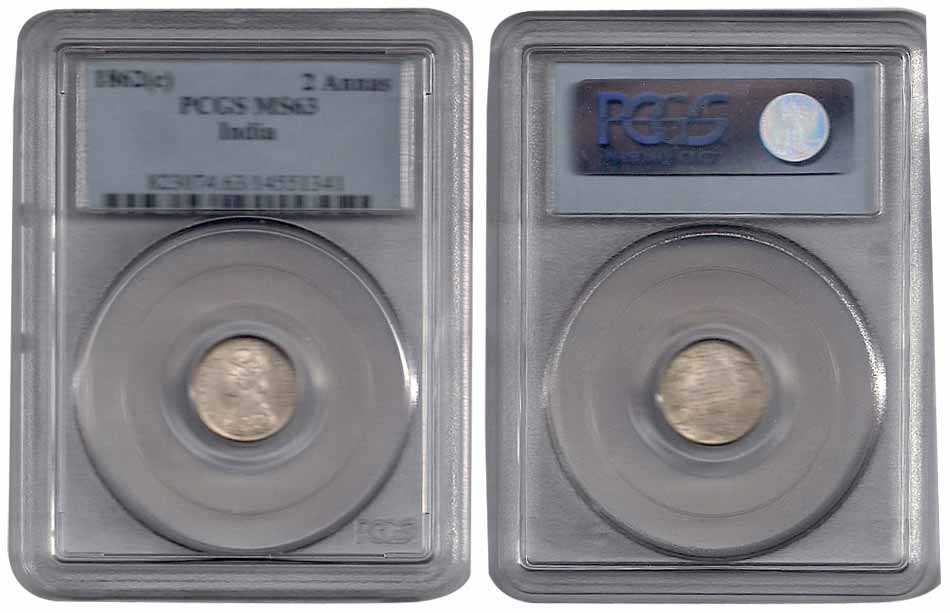 Victoria Queen, Silver, 2 Annas, 1862, Calcutta Mint. Packed in the PCGS case, and graded 