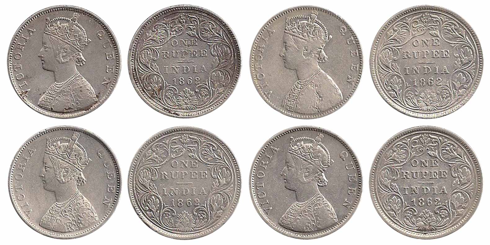 Collection of 20 Different Varieties of 1862 Dot Rupees: 5 Panel, 0/0; Thick Letters 0/0; 