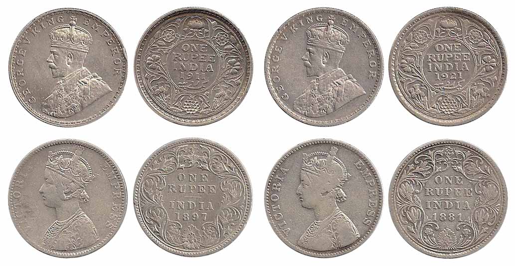 Collection of 55 Rupee coins of the East India Company and British India. Different dates 