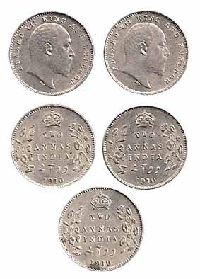 Edward VII, Silver (10), 2 Annas, 1910, UNC, Scarce. 10 coins