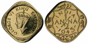 George VI, Cupro-Nickel, ½ Anna, 1943, Bombay Mint, Restrike Proof, MS63 RE. Rare.