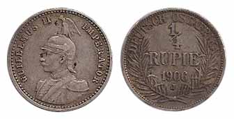German East Africa, Guilelmus II, Silver, ¼ Rupee, 1906J. About Very Fine, Scarce.
